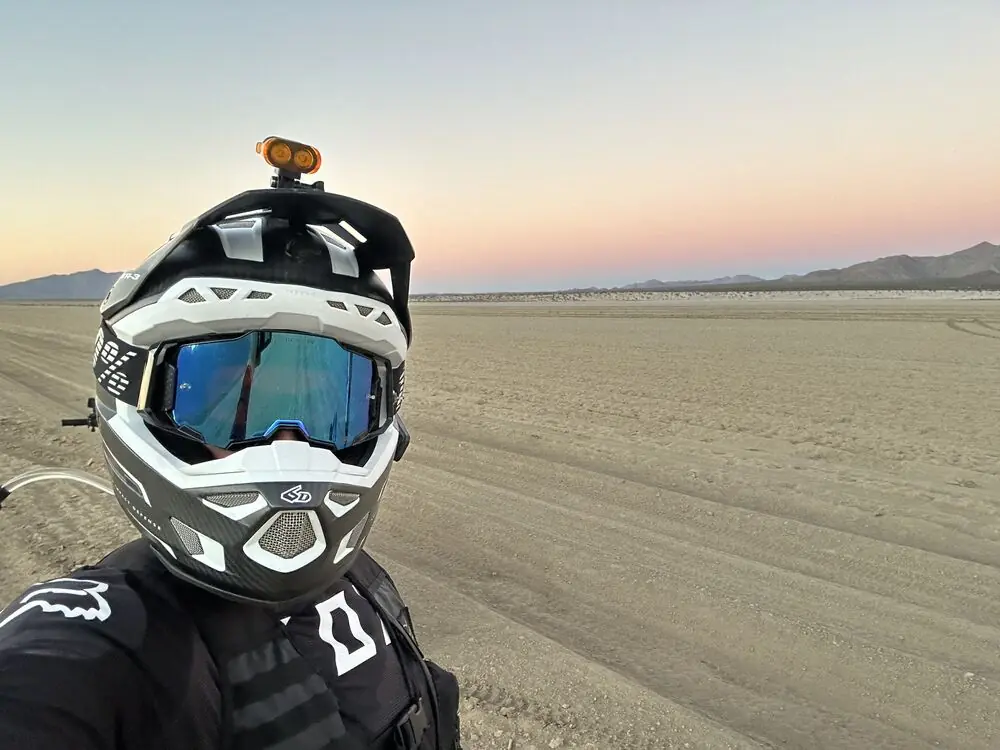 Helmet selfie on a dry lakebed in Baja